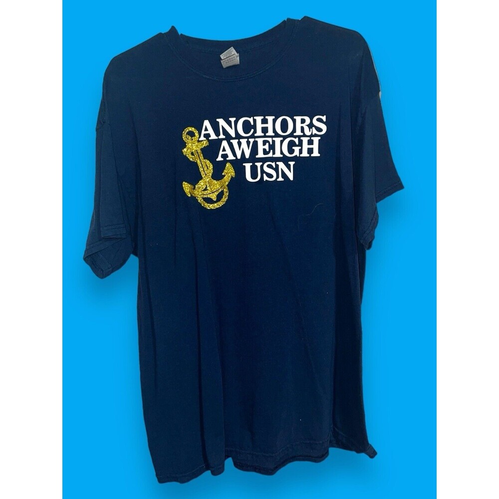 Anchors Aweigh USN Navy Military Glitter 100% Cotton Women’s T-Shirt XL Blue